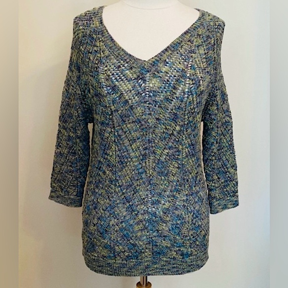 Tribal Green Blue Grey SZ S boho Coastal Casual Delicate Open Loose Knit Sweater